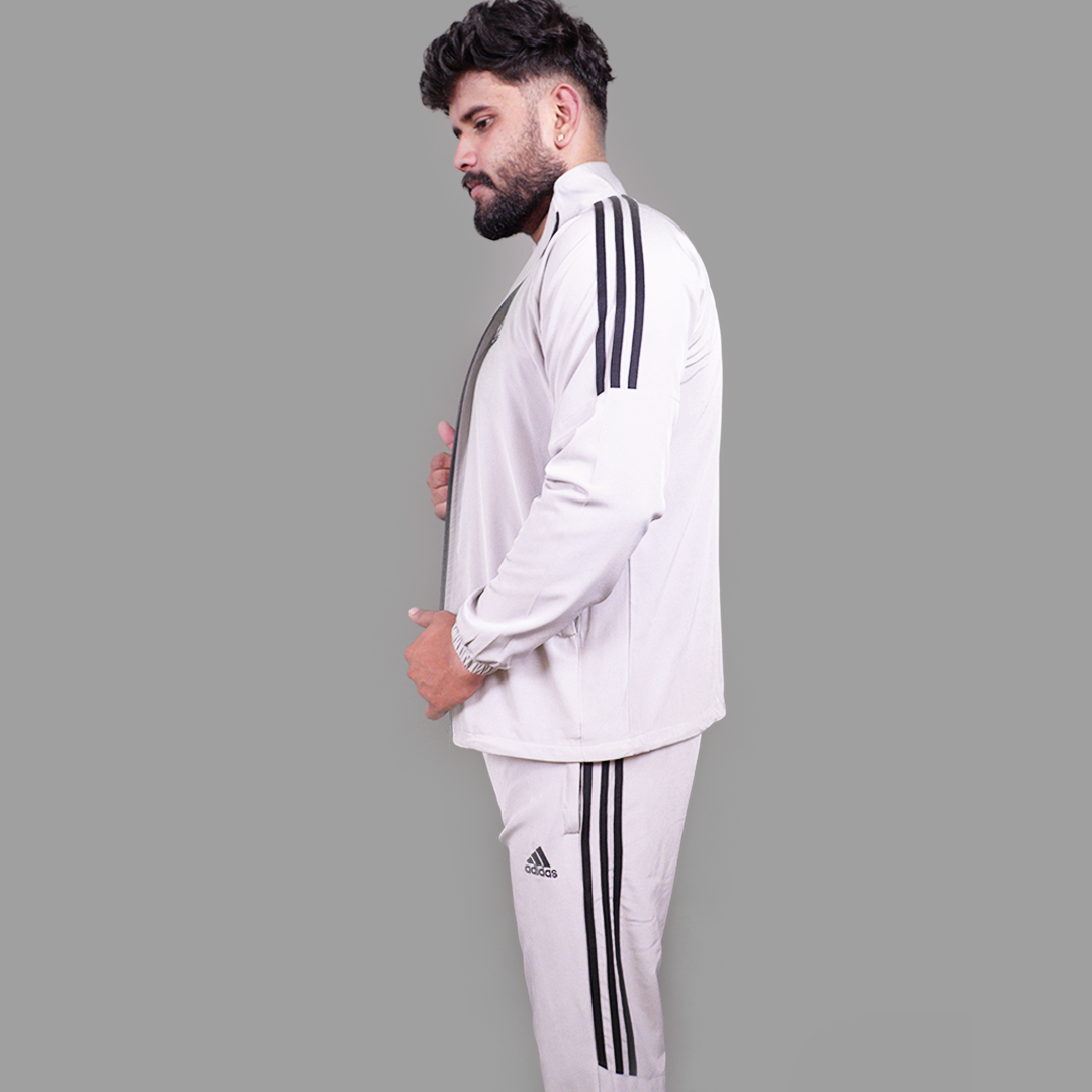 Adidas Striped Men Grey Track Suit (Jacket & Track Pant)