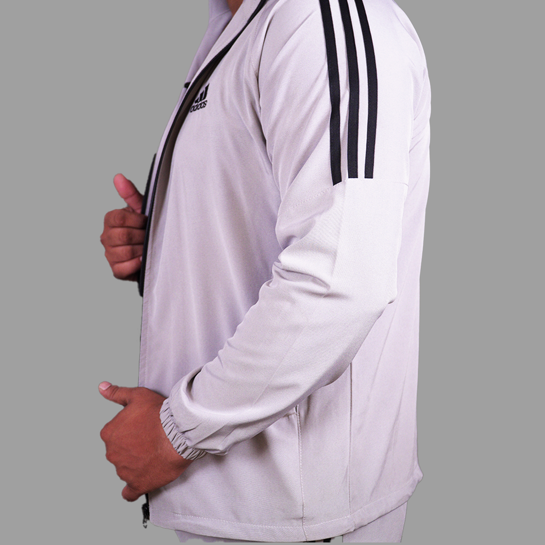 Adidas Striped Men Grey Track Suit (Jacket & Track Pant)