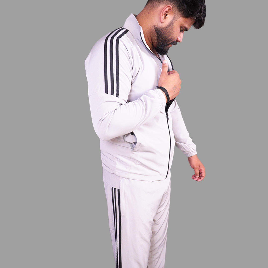 Adidas Striped Men Grey Track Suit (Jacket & Track Pant)