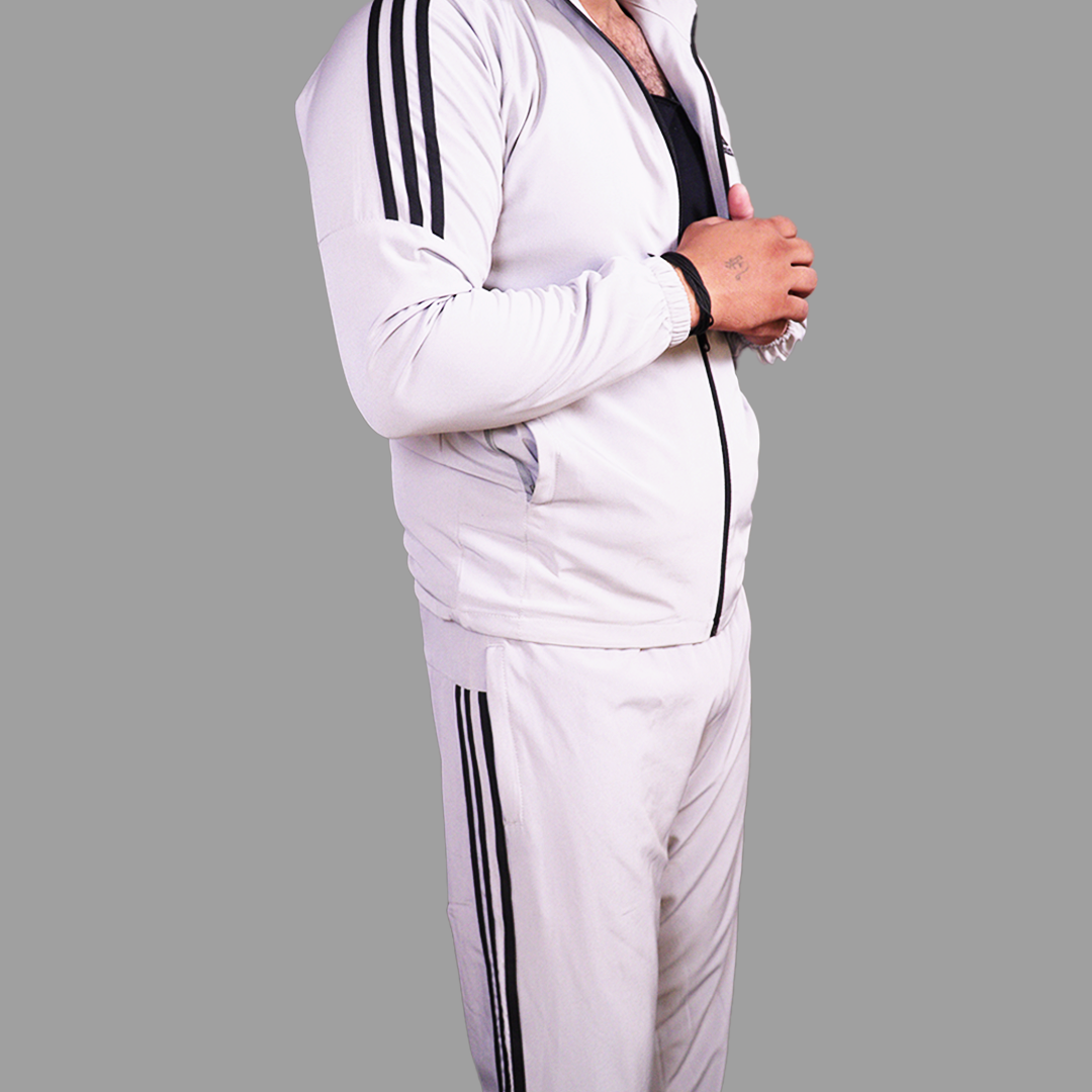 Adidas Striped Men Grey Track Suit (Jacket & Track Pant)