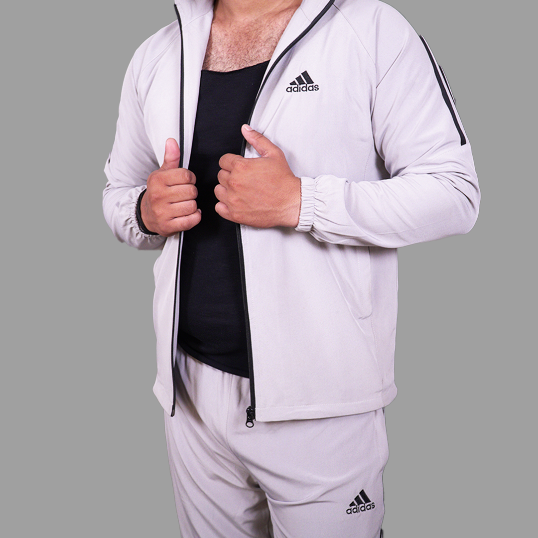Adidas Striped Men Grey Track Suit (Jacket & Track Pant)