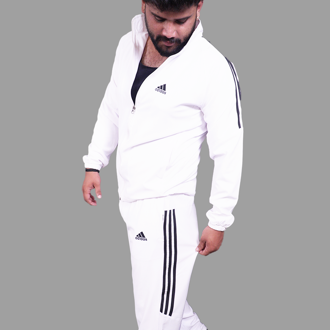 ADIDAS Half Striped Men White TrackSuit (Jacket &Track-Pants)