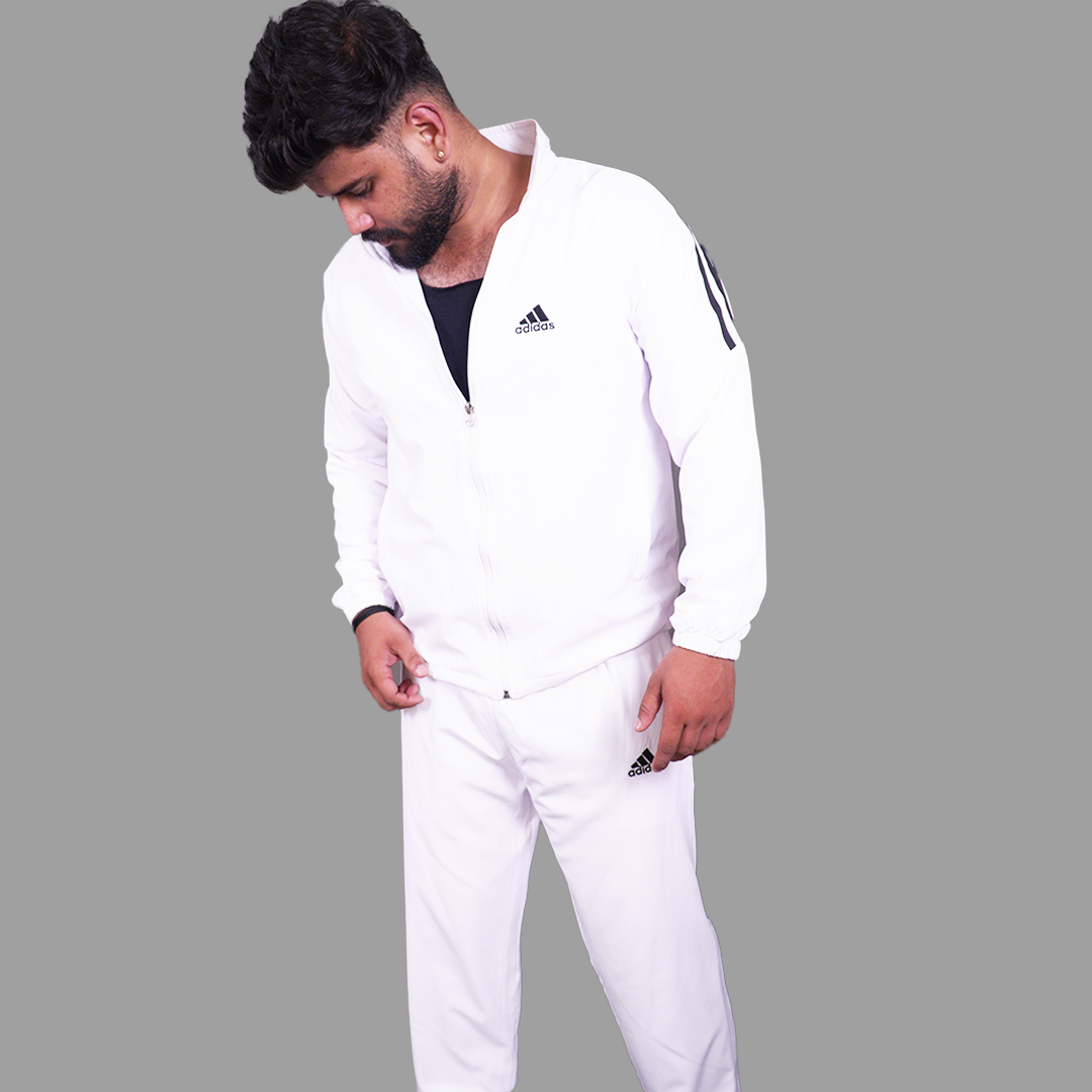 ADIDAS Half Striped Men White TrackSuit (Jacket &Track-Pants)