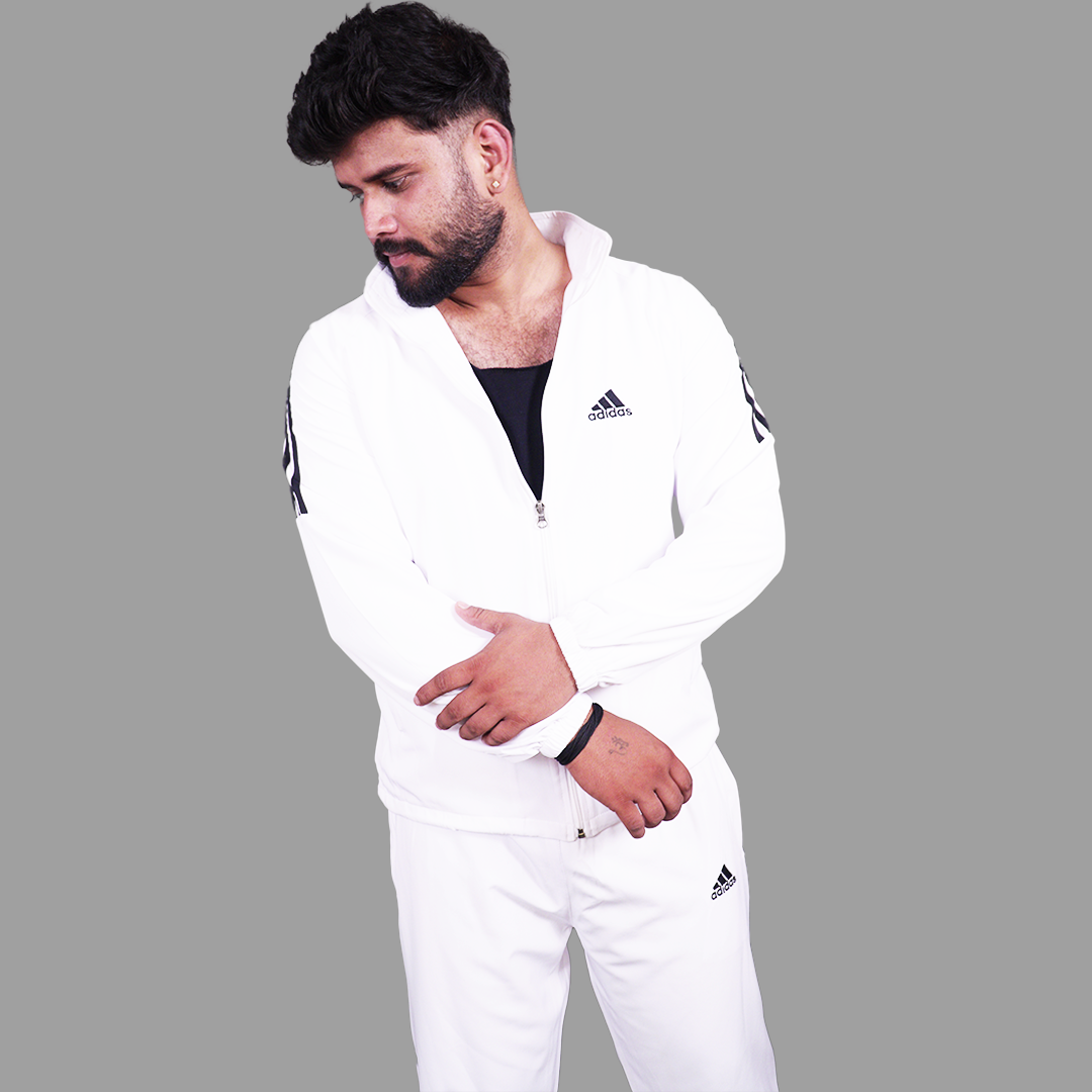 ADIDAS Half Striped Men White TrackSuit (Jacket &Track-Pants)