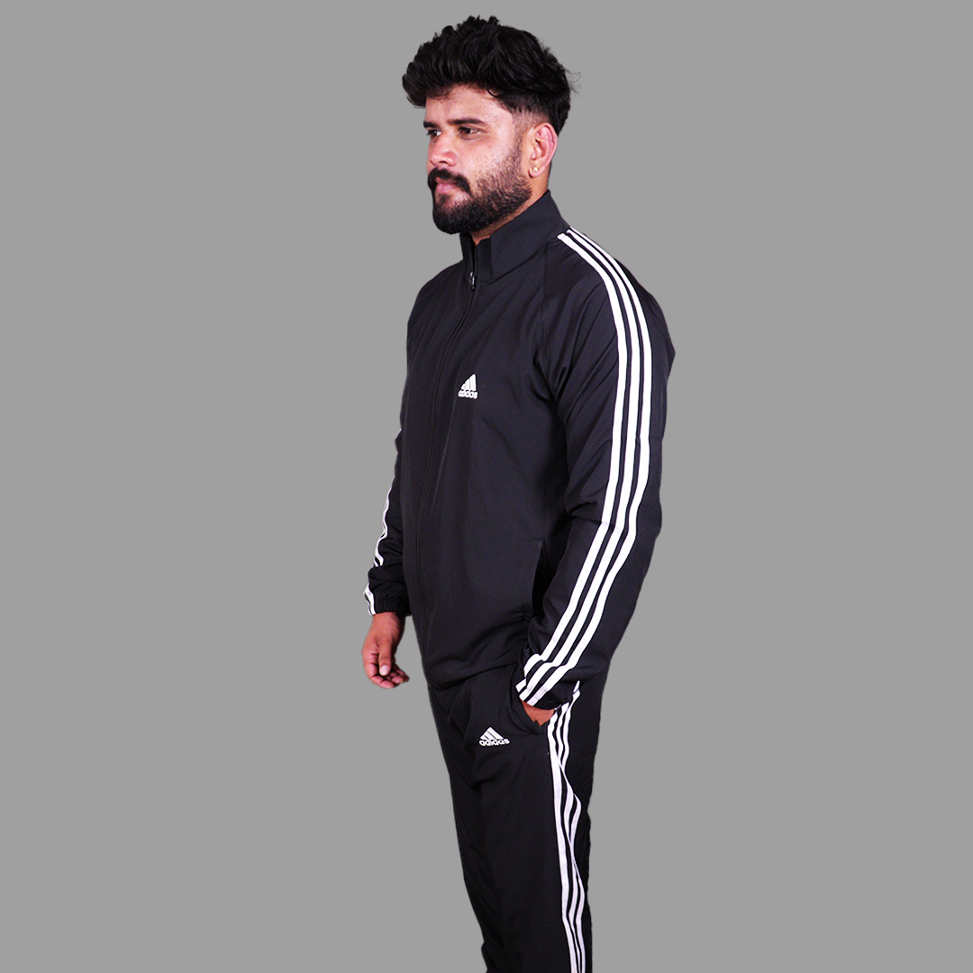 Adidas Striped Men Black Track Suit (Jacket & Track Pant)