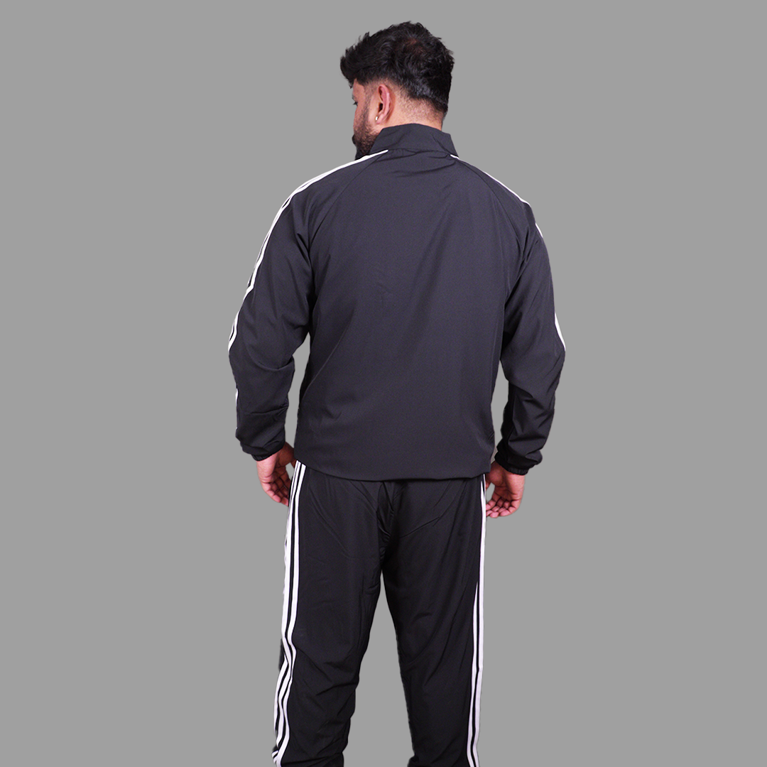 Adidas Striped Men Black Track Suit (Jacket & Track Pant)