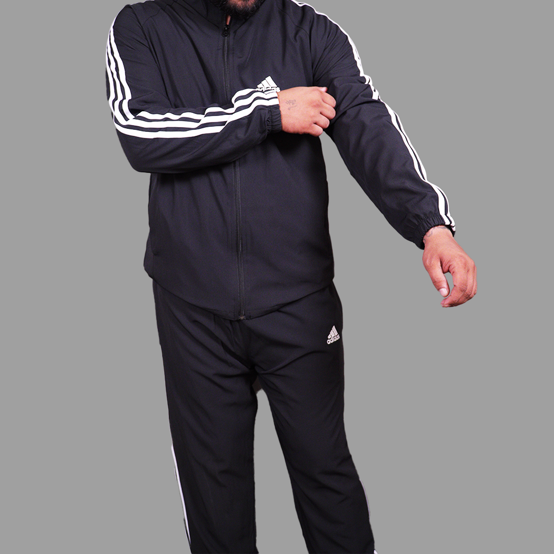 Adidas Striped Men Black Track Suit (Jacket & Track Pant)