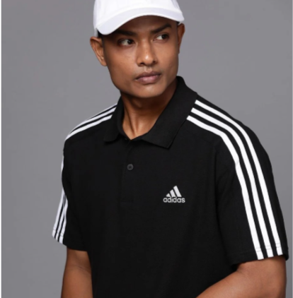 ADIDAS Men Solid Collar Neck Pure Cotton Black T-Shirt