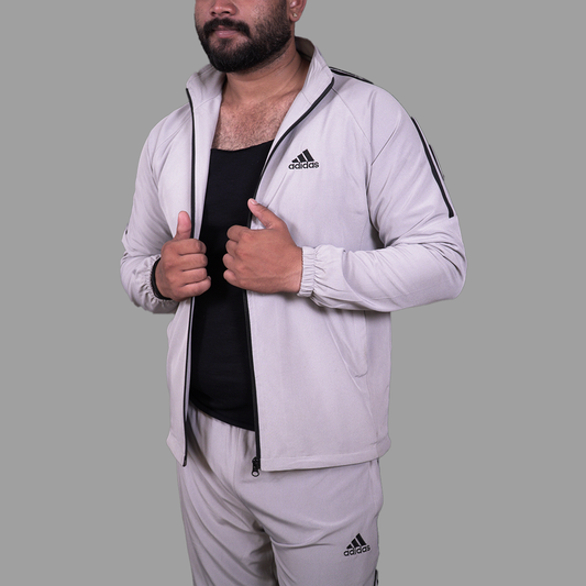 Adidas Striped Men Grey Track Suit (Jacket & Track Pant)