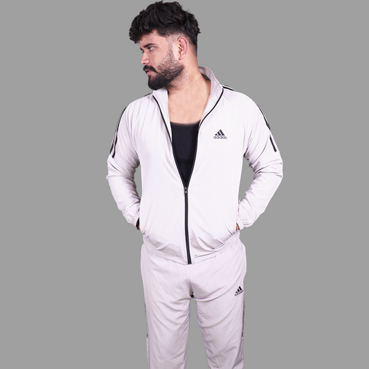 Adidas Striped Men Grey Track Suit (Jacket & Track Pant)
