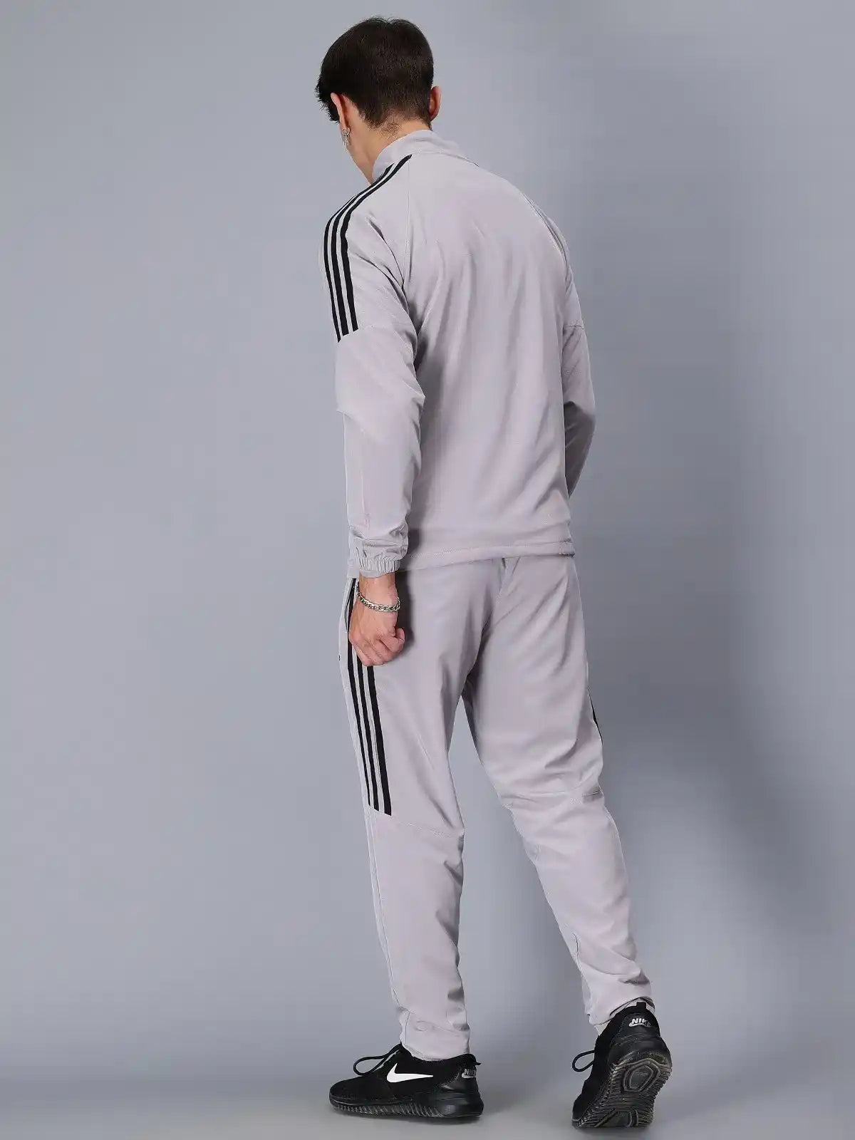 Adidas Striped Men Grey Track Suit (Jacket & Track Pant)