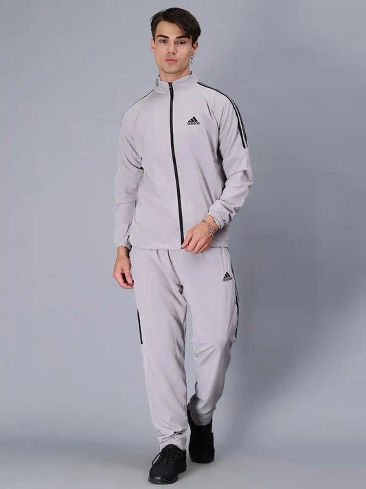 Adidas Striped Men Grey Track Suit (Jacket & Track Pant)