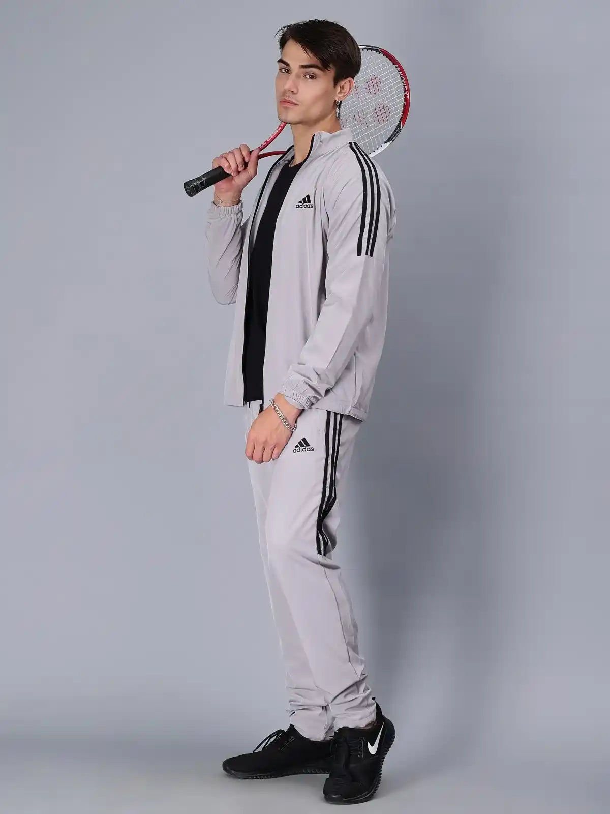 Adidas Striped Men Grey Track Suit (Jacket & Track Pant)