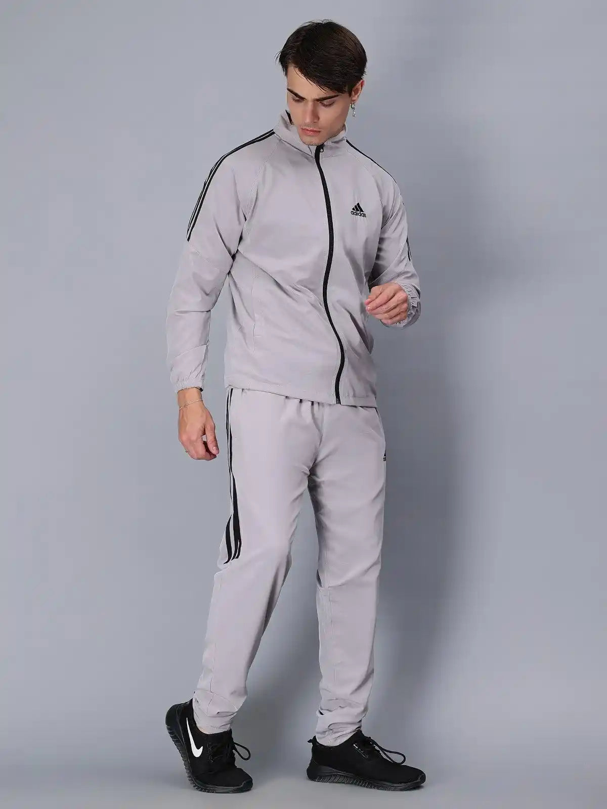 Adidas Striped Men Grey Track Suit (Jacket & Track Pant)