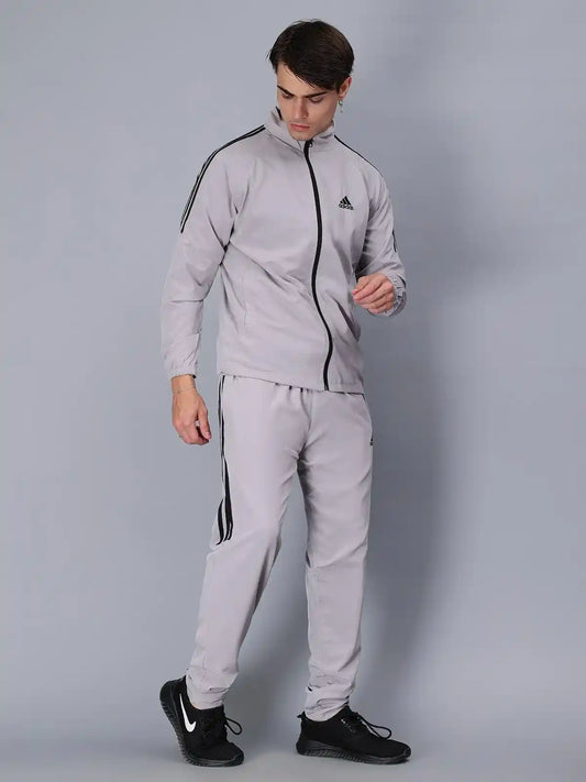 Adidas Striped Men Grey Track Suit (Jacket & Track Pant)