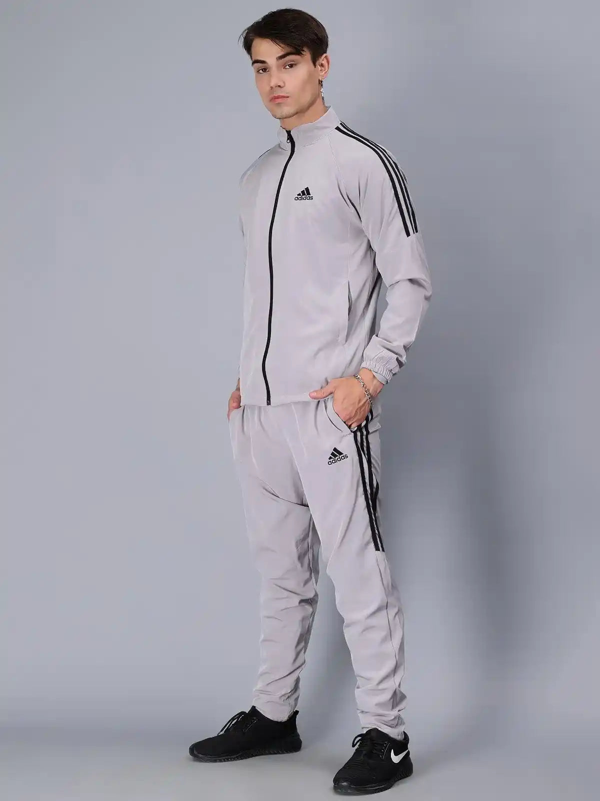 Adidas Striped Men Grey Track Suit (Jacket & Track Pant)