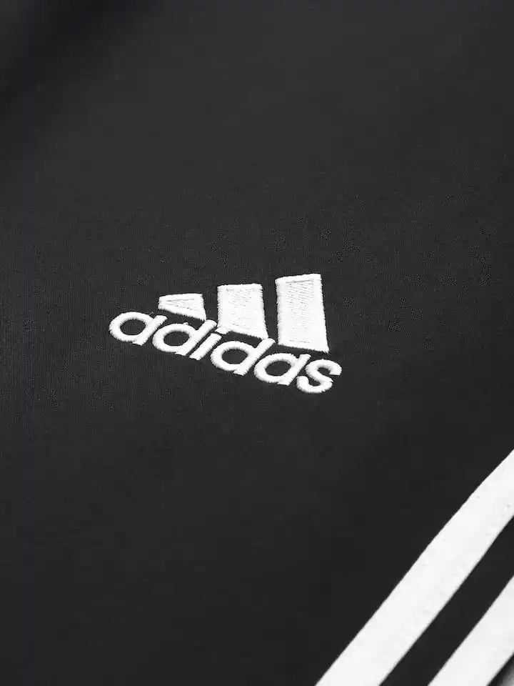 Adidas Striped Men Black Track Suit (Jacket & Track Pant)