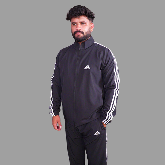 Adidas Striped Men Black Track Suit (Jacket & Track Pant)