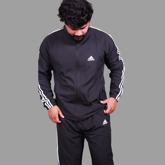 Adidas Striped Men Black Track Suit (Jacket & Track Pant)
