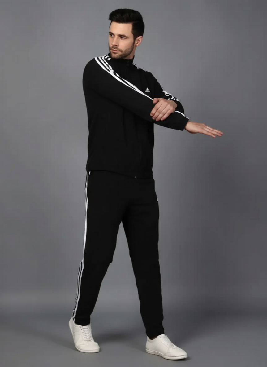Adidas Striped Men Black Track Suit (Jacket & Track Pant)