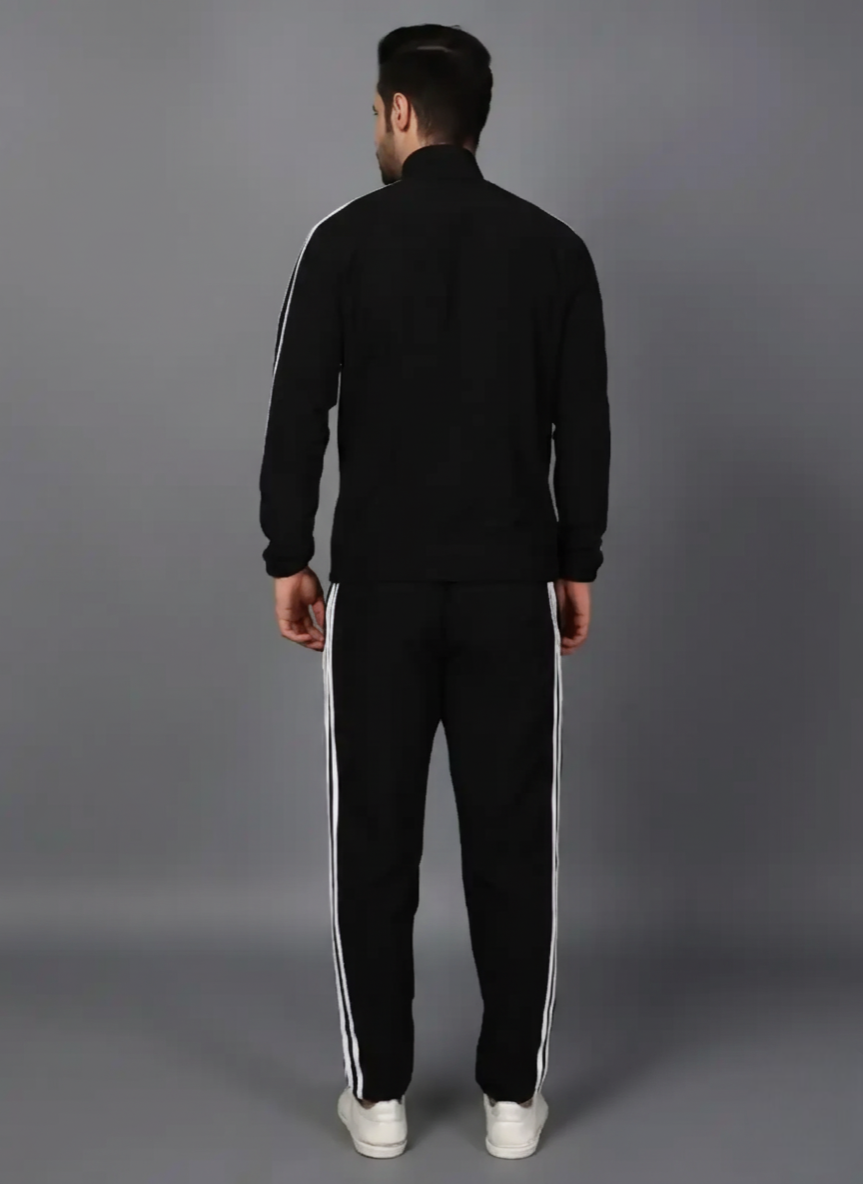 Adidas Striped Men Black Track Suit (Jacket & Track Pant)