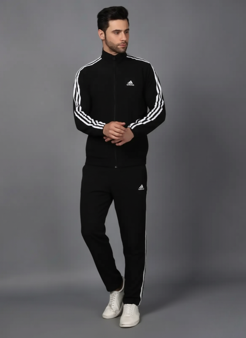 Adidas Striped Men Black Track Suit (Jacket & Track Pant)
