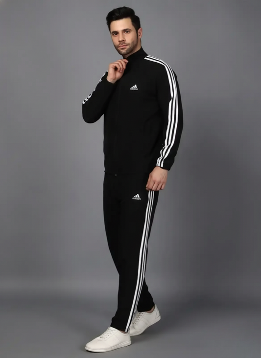 Adidas Striped Men Black Track Suit (Jacket & Track Pant)